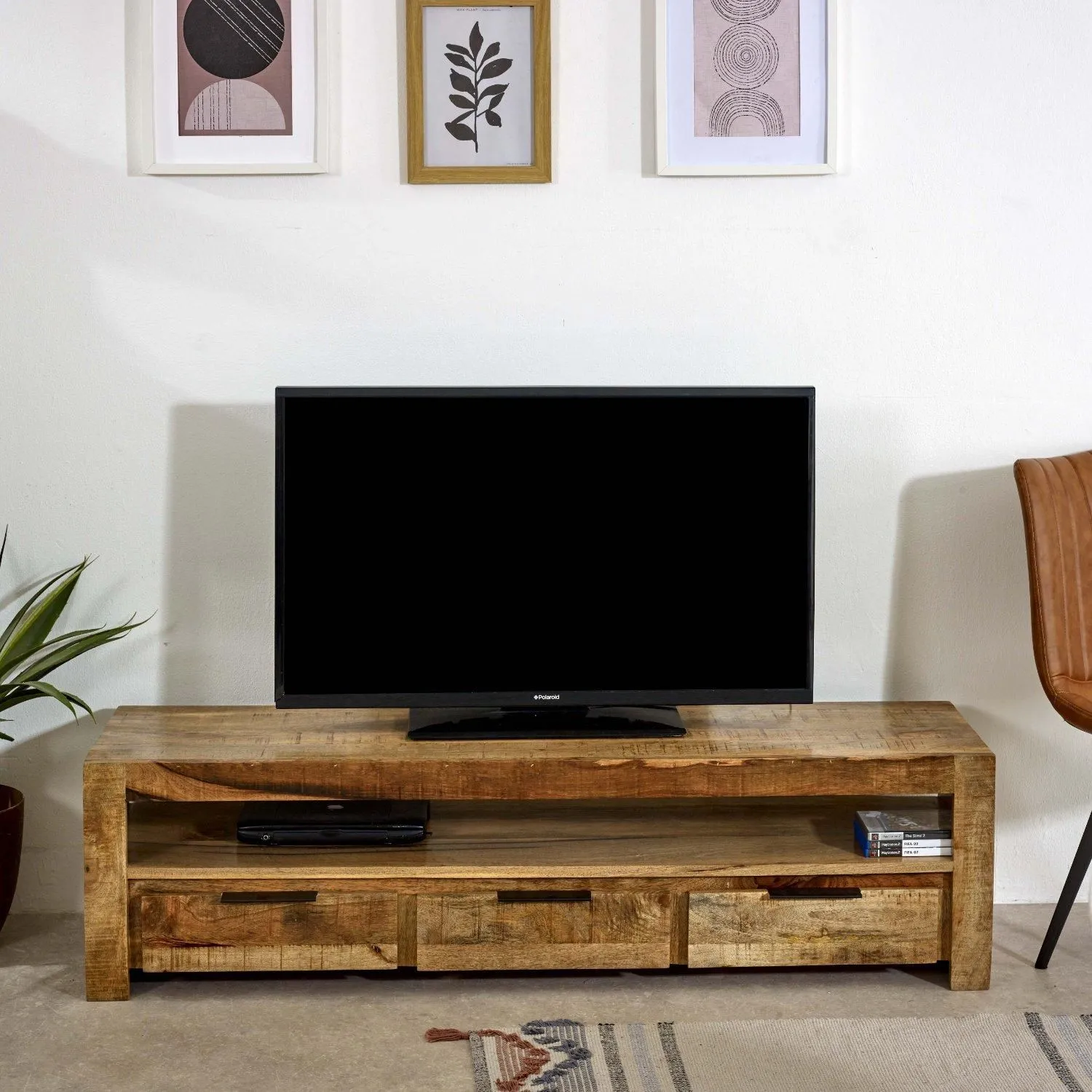 IH Design Bratton Mango Wooden Large TV Stand With 3 Drawers in Brown 3