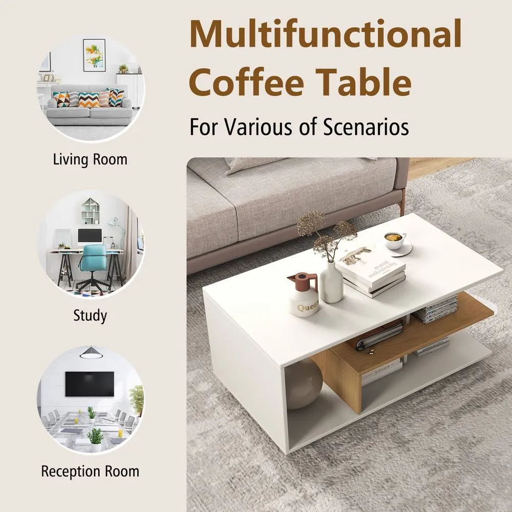 Costway Modern Rectangular Center Table Wooden Coffee Table w/ L-shaped Middle Shelf in White 4