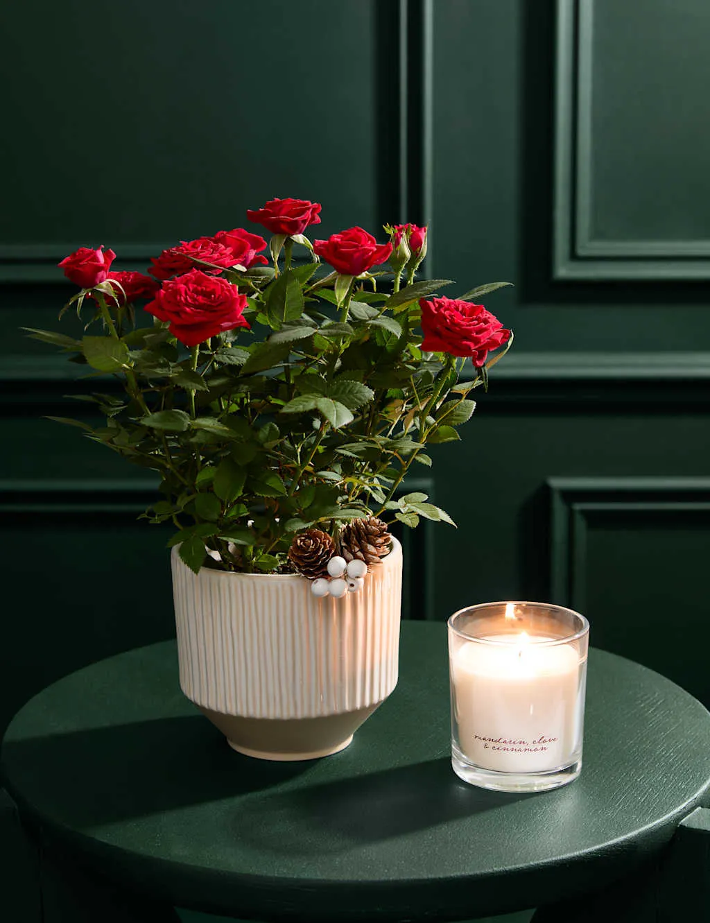 M&S Flower Market Christmas Red Rose with Christmas Candle
