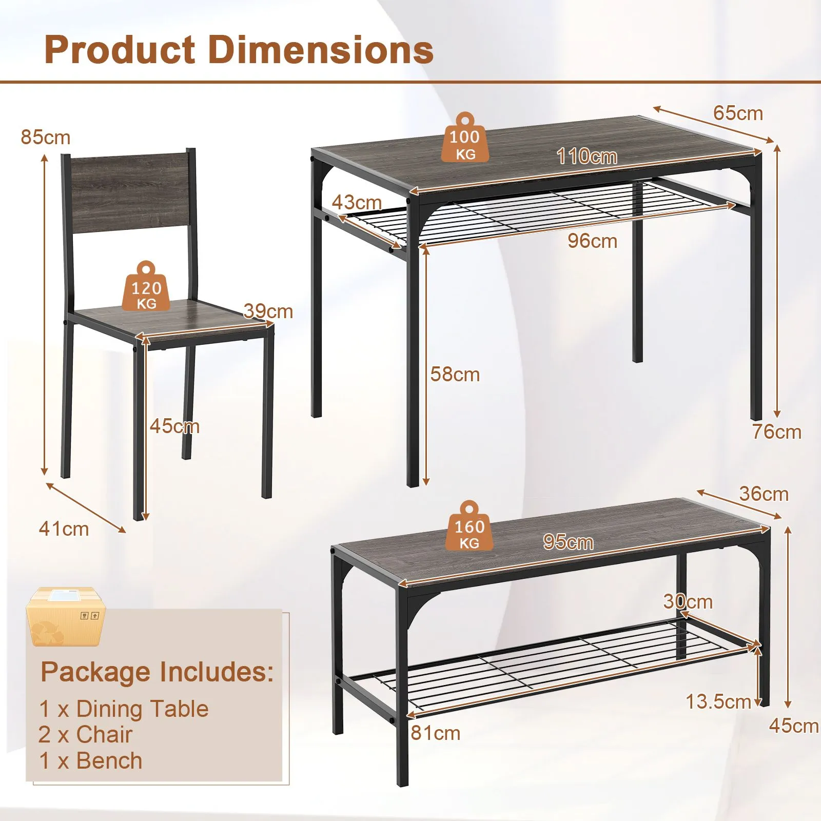 Costway 4PCS Dining Table Set for 4 Industrial Rectangular Kitchen Table with Chairs & Bench Metal Frame in Grey 6