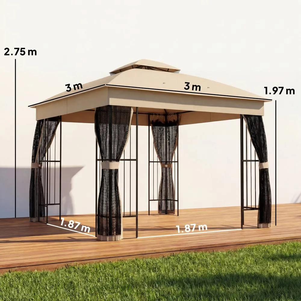 OUTSUNNY 3 x 3 m Garden Gazebo with Shelves, UPF50+ Permanent Gazebo in Beige 3