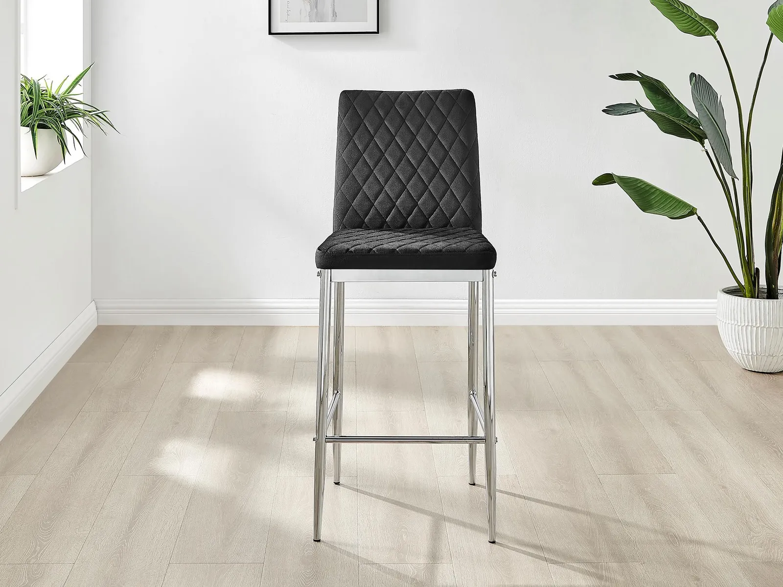 FurnitureboxUK Set of 2 Milan Soft Touch Hatched Velvet Padded Counter Stools With Silver Chrome Metal Legs in Black 3