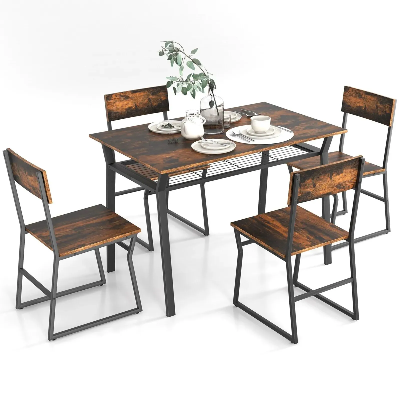 Costway 5PCS Dining Table Set Industrial Rectangular Kitchen Table W/4 Chairs in Brown 5