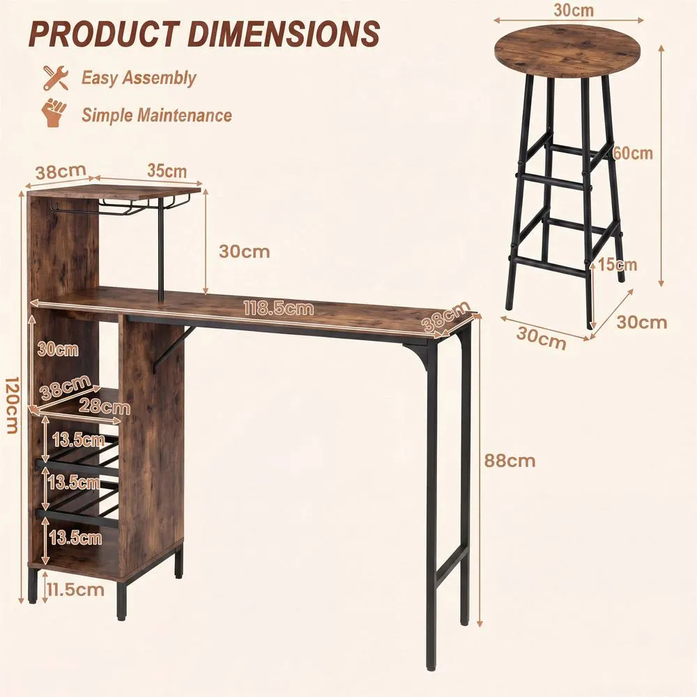 Costway 3PCS Bar Table & Chair Set Pub Table & Stools with Wine Glass Holders in Brown 2