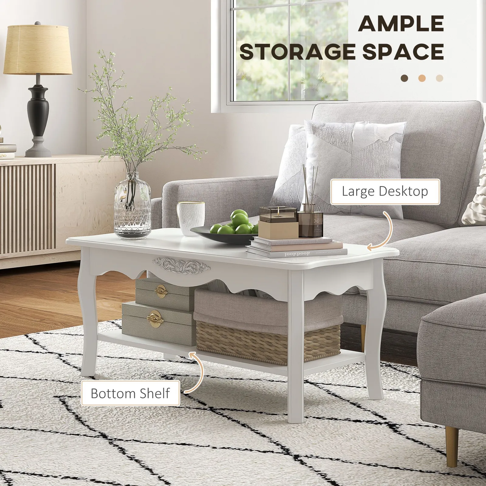 HOMCOM Wooden Coffee Tea Table Modern White Shelf Storage Living Room Home Furniture 4