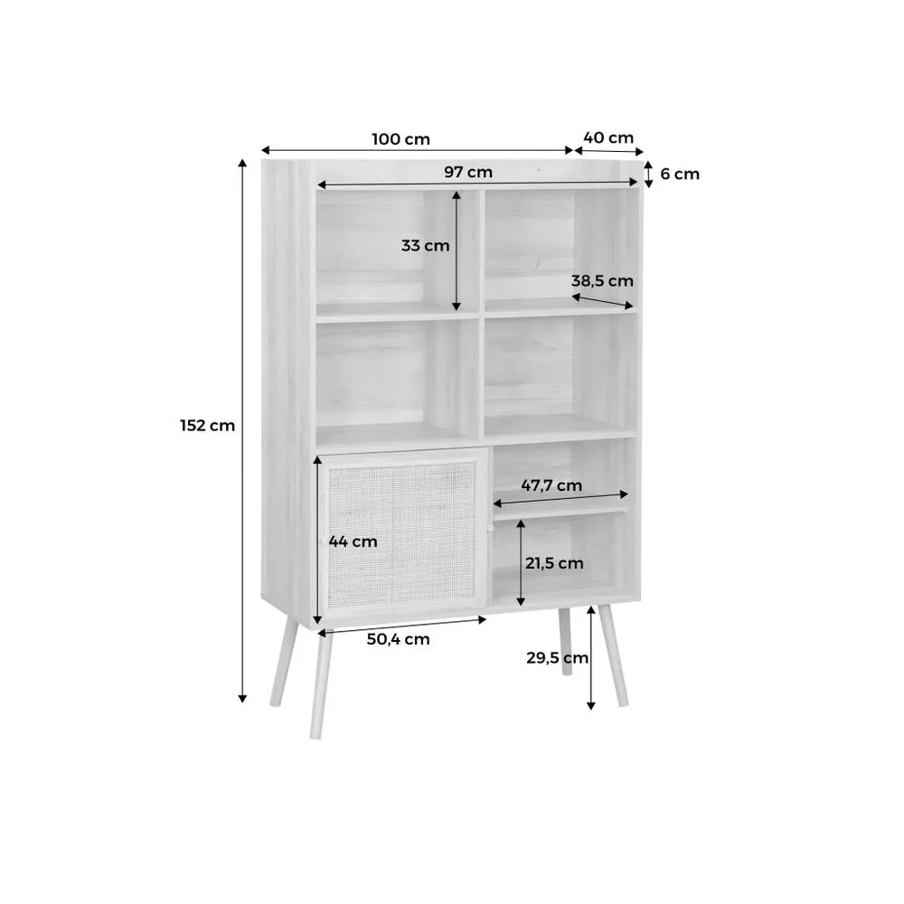 sweeek 5-shelf Bookcase Sliding Doors With Wood & Cane Effect in Light Brown 5
