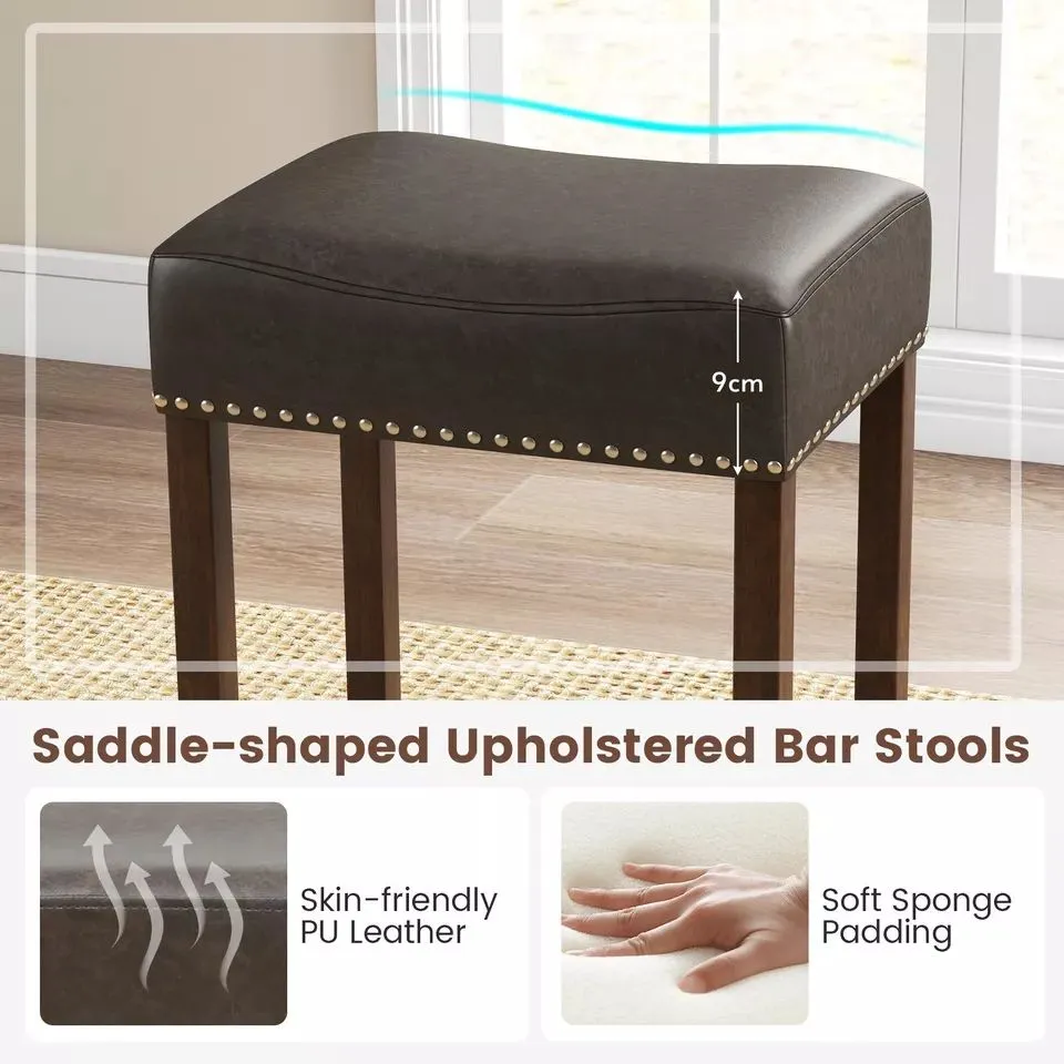 Costway Set of 2 Bar Stools Upholstered Counter Height Saddle Stools PU Leather 74cm in Brown 5