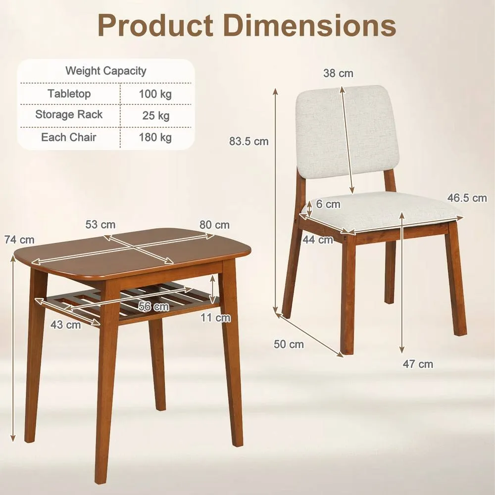Costway 3-Piece Dining Table Set Solid Wood Kitchen Table with Storage Rack in Brown 2