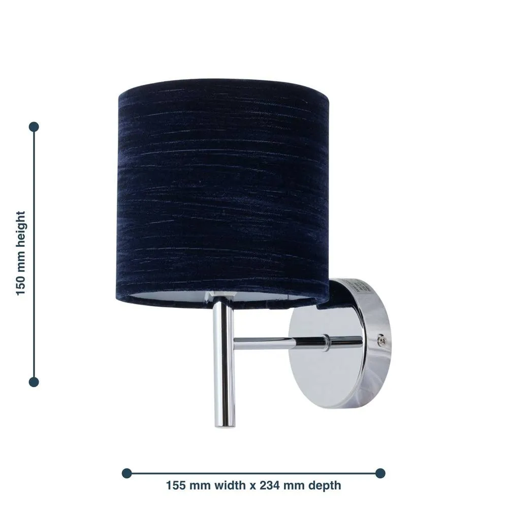 First Choice Lighting Set of 2 Brea - Chrome Wall Lights with Navy Blue Velvet Shades in Silver 6