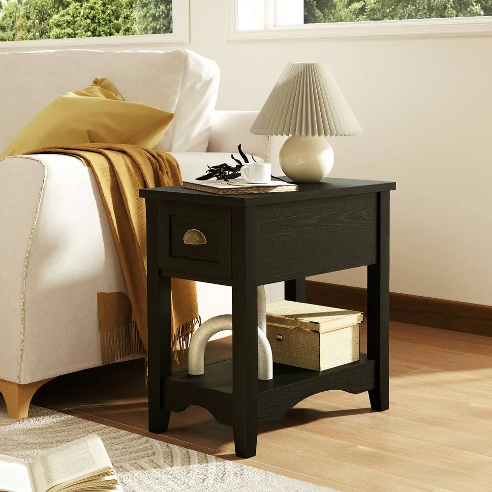 Costway Side End Table Retro Side Table Rectangular Nightstand-Black in Black 4