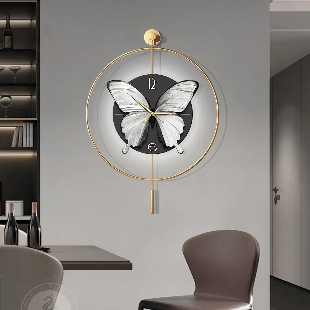 LED Golden Butterfly Pendulum Wall Clock Remote Control Adjustable Digital Clock