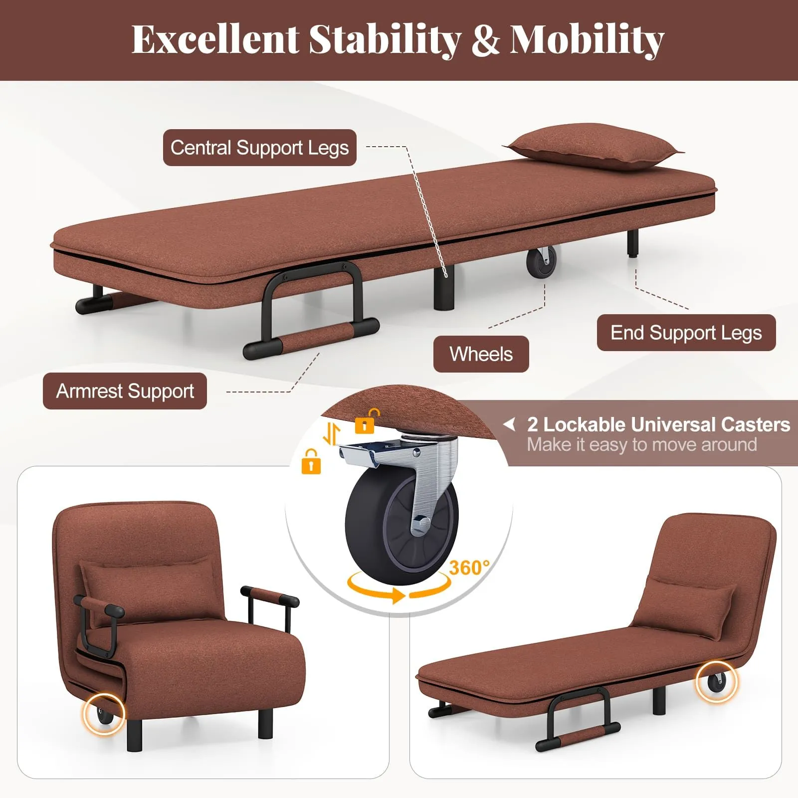 Costway Single Folding Sofa Bed Chair Modern Fabric Sleep Function Holder-Coffee in Dark Brown 6