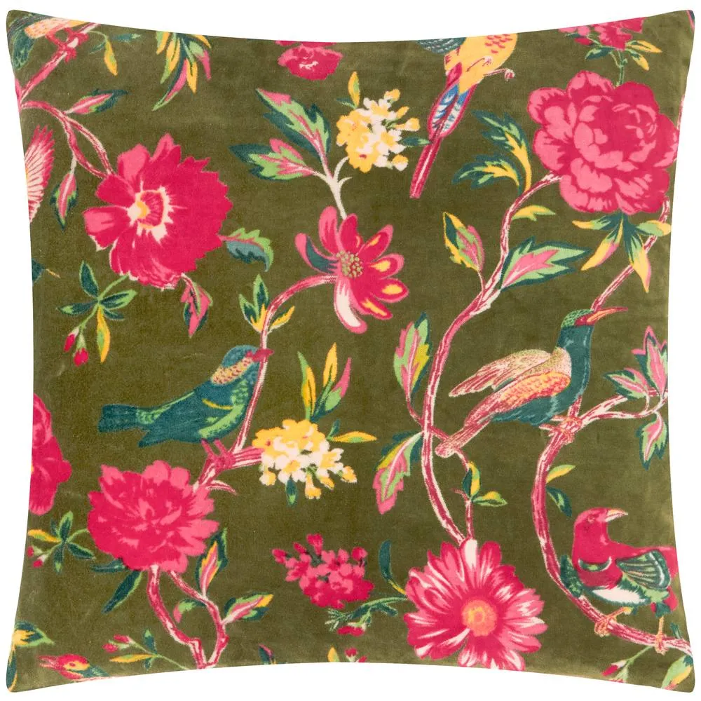 Wylder Aviary 100% Cotton Velvet Cushion in Green 2