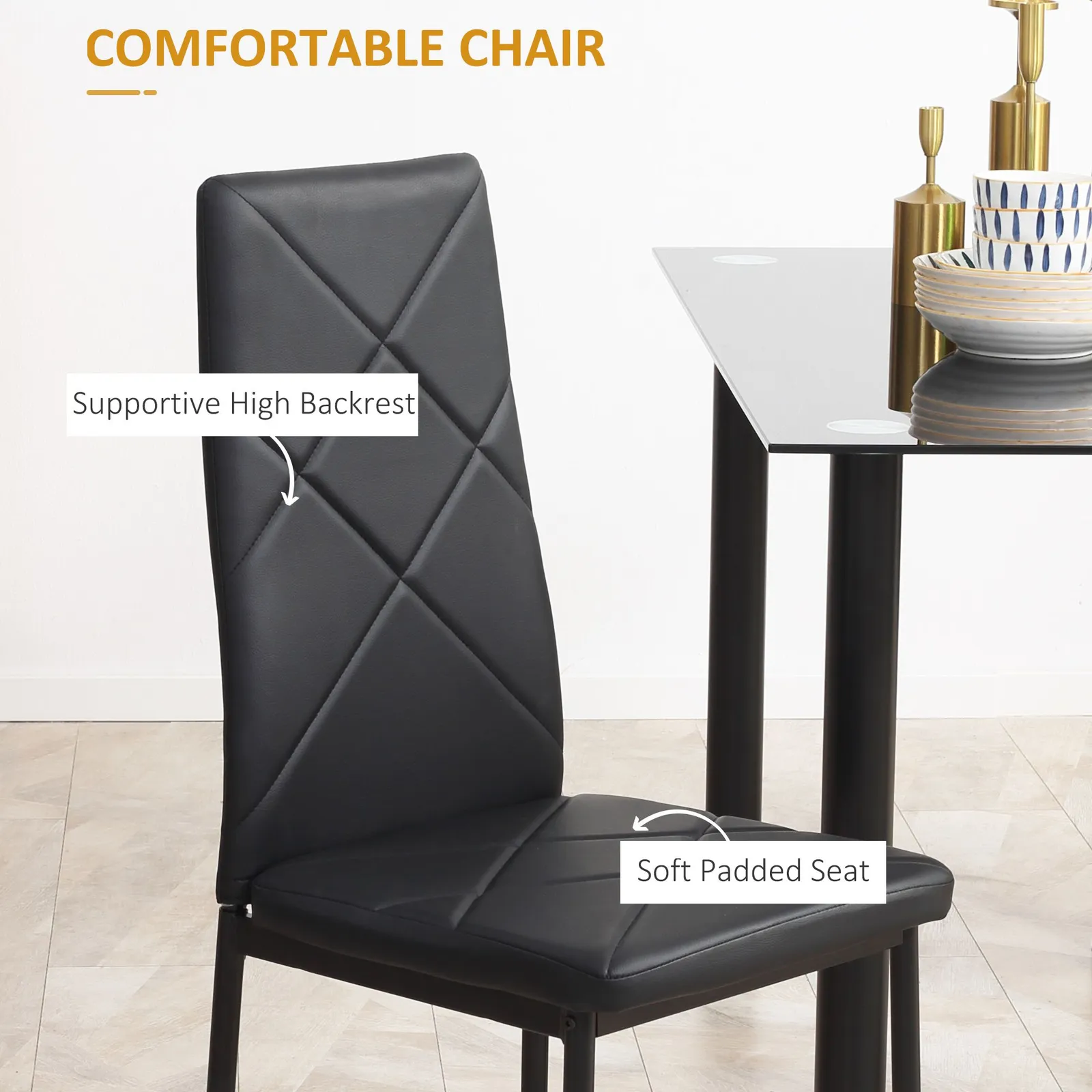 HOMCOM Dining Table & Chairs Set 4 with Padded Seat & Tempered Glass in Black 5