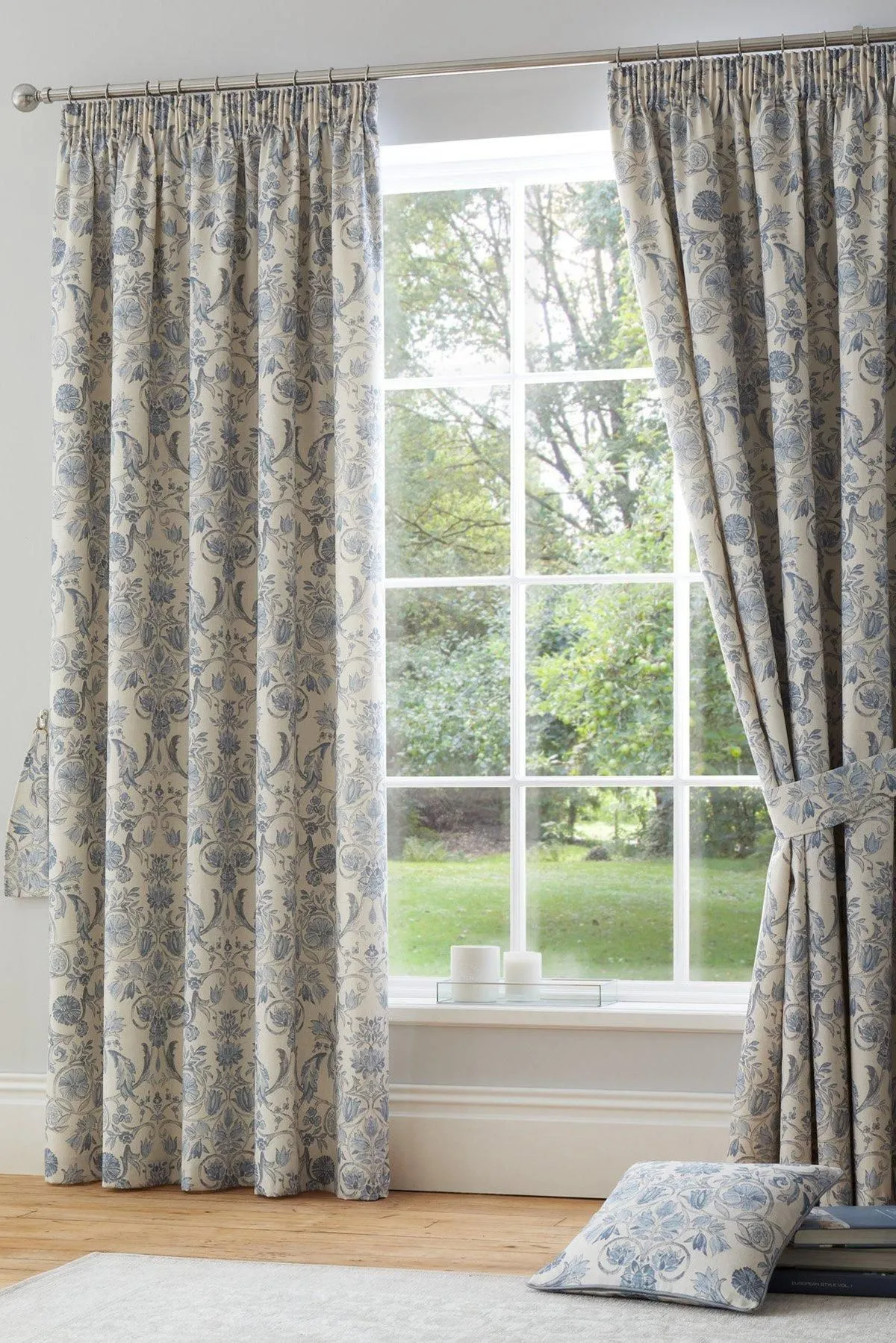 Dreams & Drapes 'Averie' Pair of Pencil Pleat Curtains With Tie-Backs in Blue 1