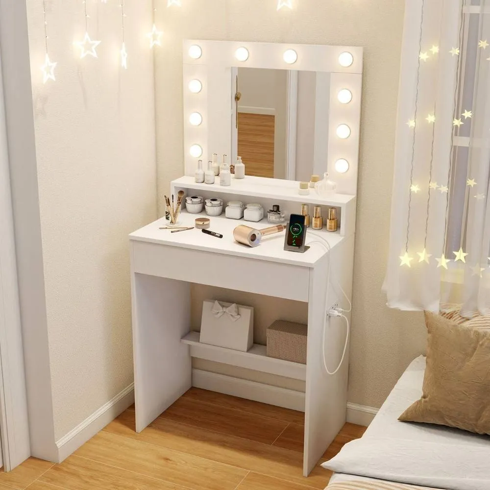 Costway Wooden Vanity Desk w/ Mirror & Lights Modern Dressing Table in White