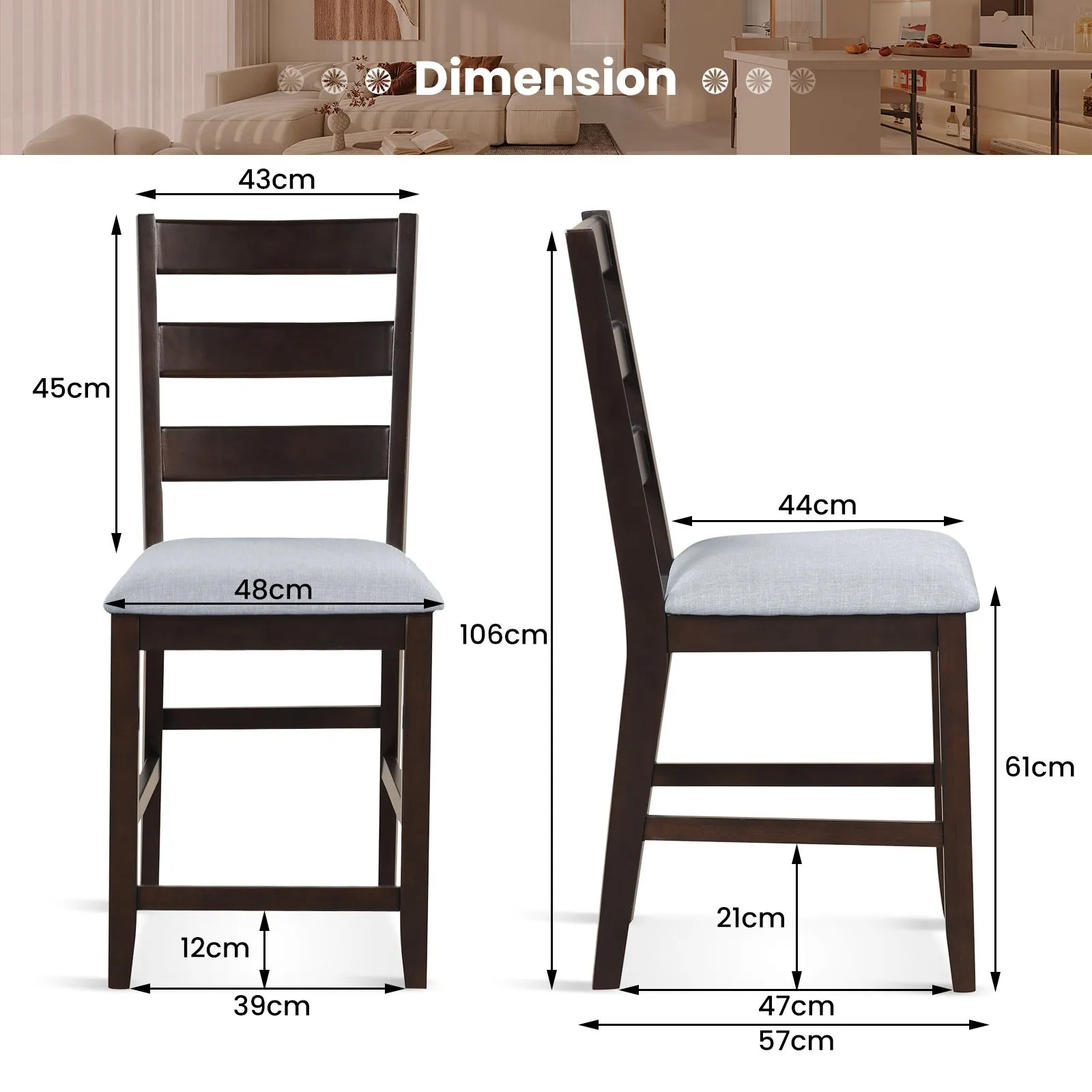 Costway 2-Piece Counter Height Bar Stool Set w/Padded Seat Bar Chair in Brown 2