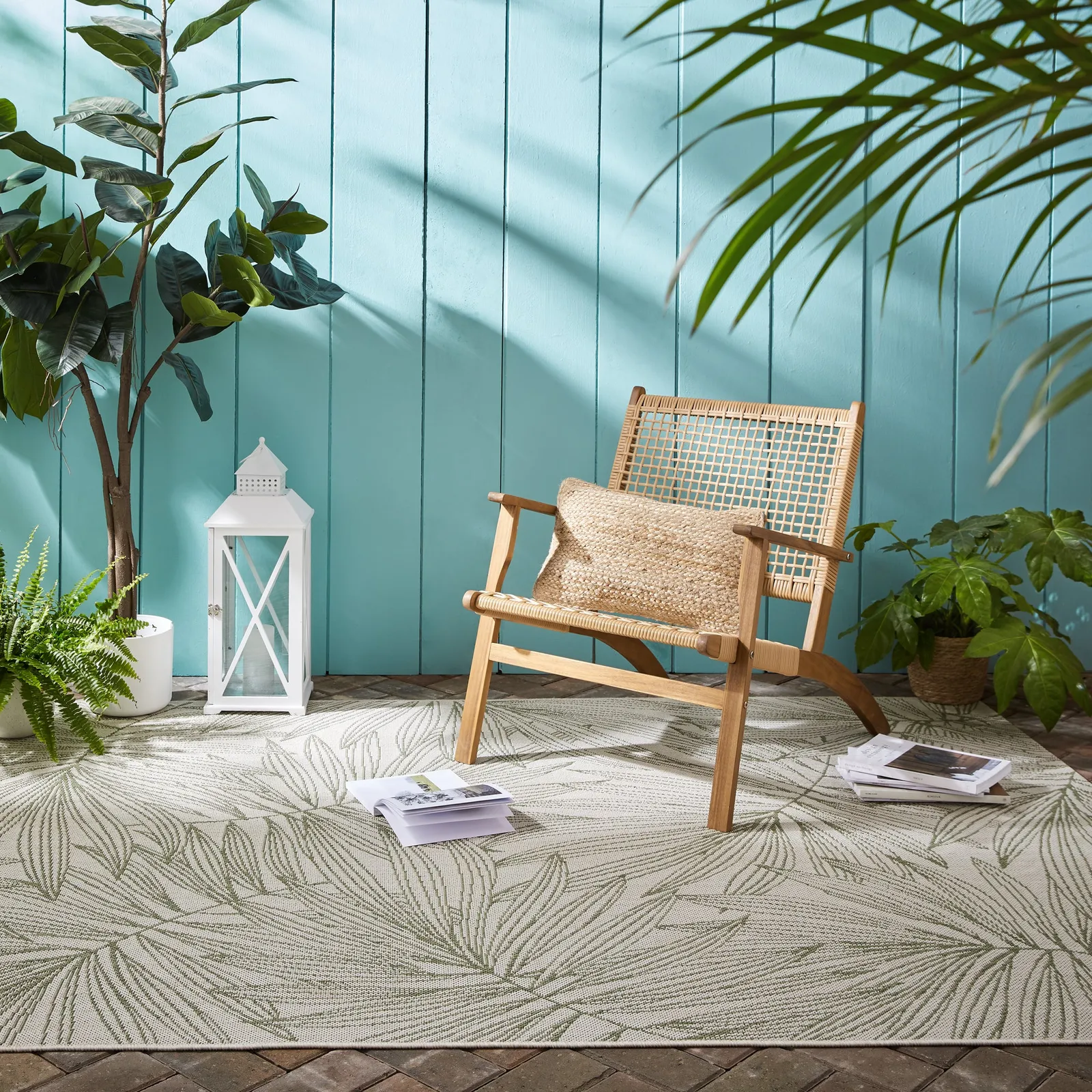 Tropical Leaves Indoor Outdoor Rug Cream