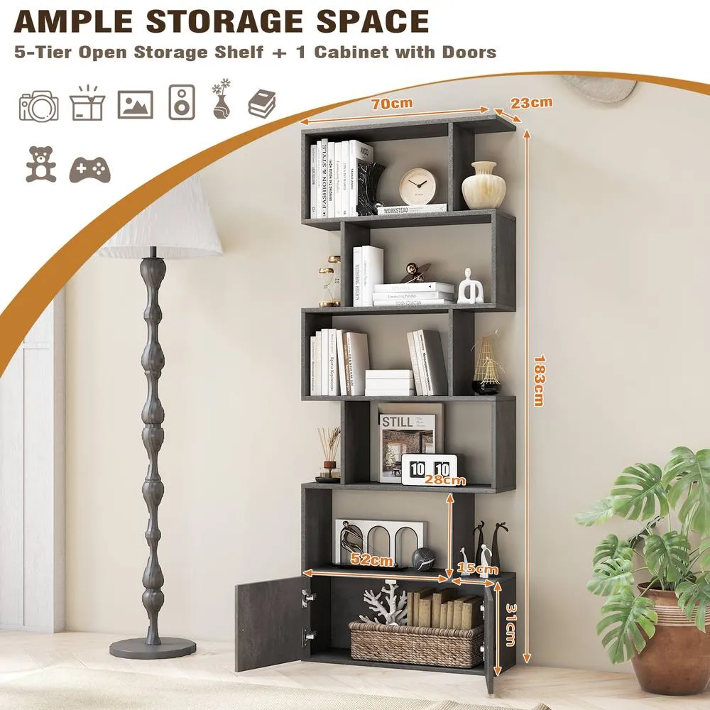 Costway 6-Tier Bookshelf w/ Cabinet S-Shaped Bookcase Shelf Storage Organizer in Grey 2