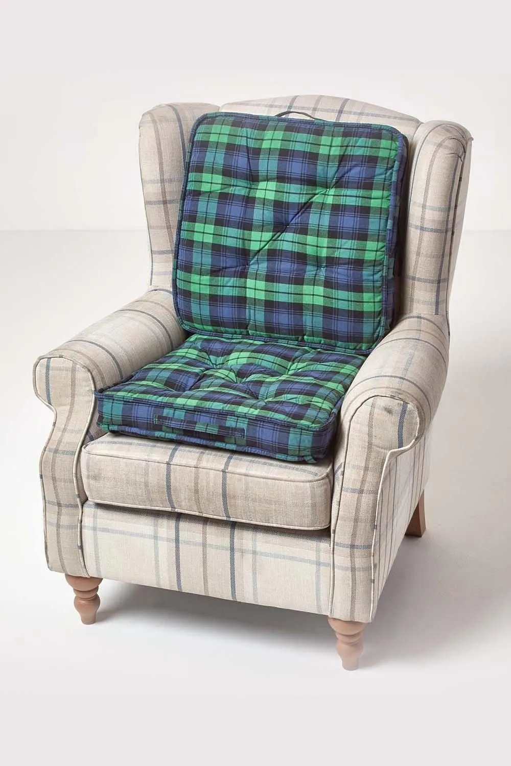 Homescapes Blackwatch Tartan Cotton Travel Support Booster Cushion in Green 6