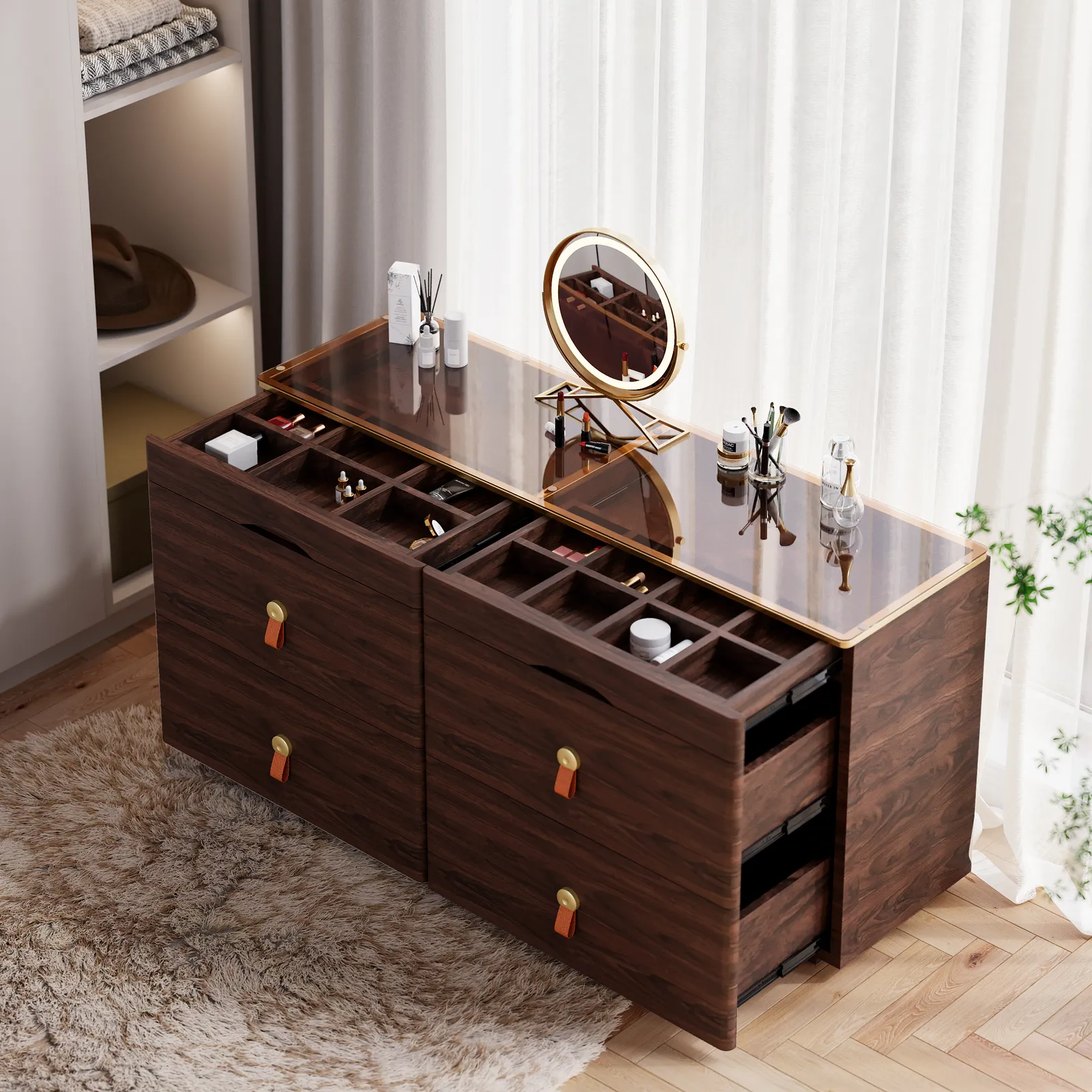 Glass Wood 1200 mm W Modern Walnut Dresser 6 Drawer Closet Island with Jewellery Display Storage