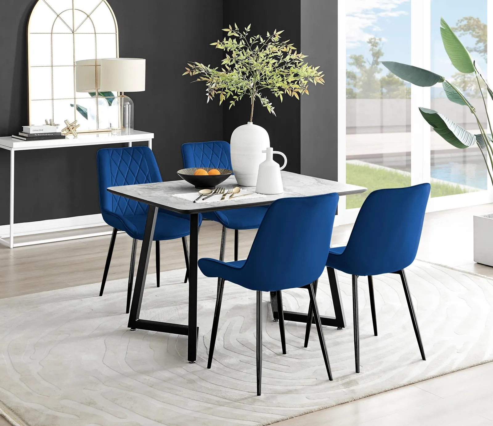 FurnitureboxUK Carson White Marble Effect Dining Table & 4 Pesaro Black Leg Chairs in Navy