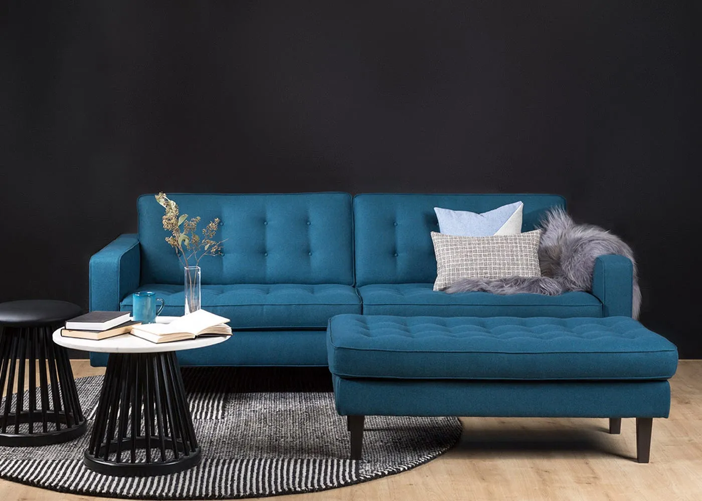Heal's Hepburn Ottoman Nobilis Velvet Neptune Wenge Feet 2
