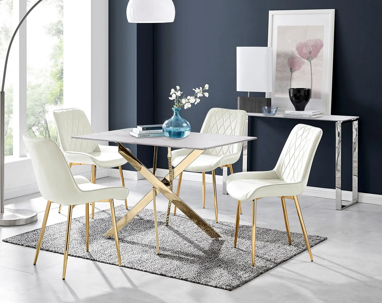 FurnitureboxUK Leonardo White Glass Marble Effect Gold Leg Table & 4 Pesaro Gold Leg Chairs in Cream