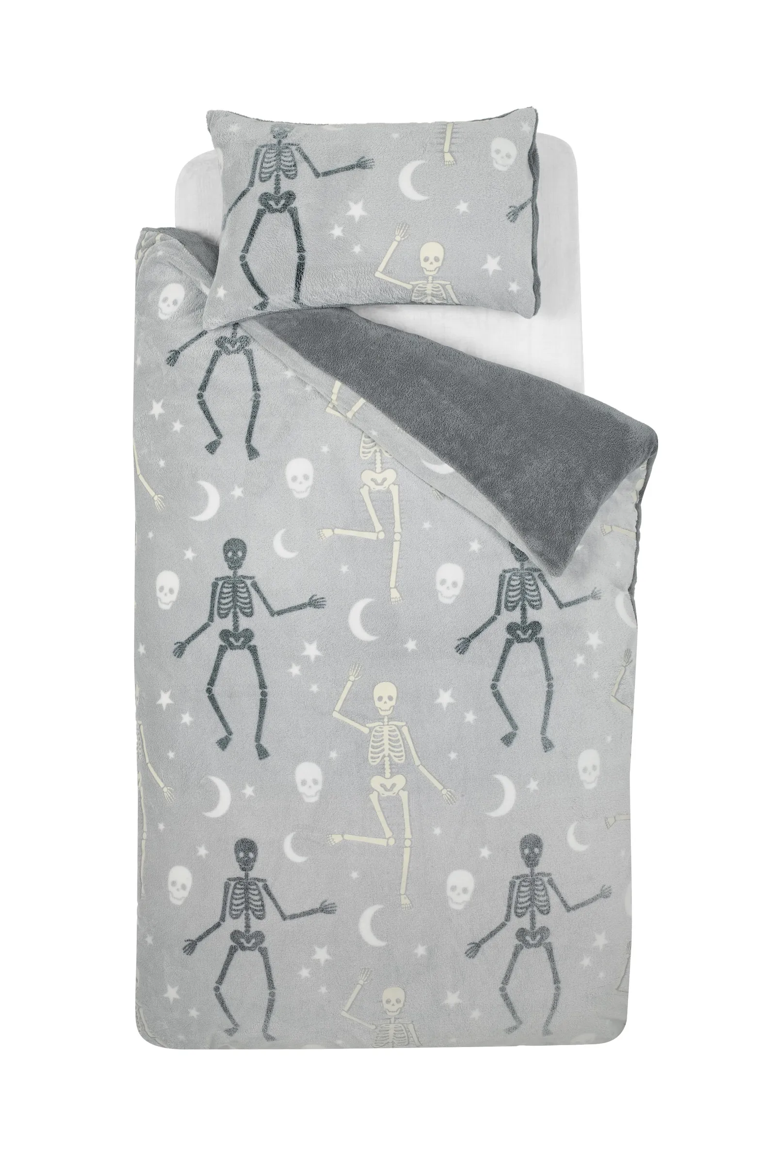 Catherine Lansfield Halloween Skeleton Fleece Glow in the Dark Duvet Cover Set in Grey 5