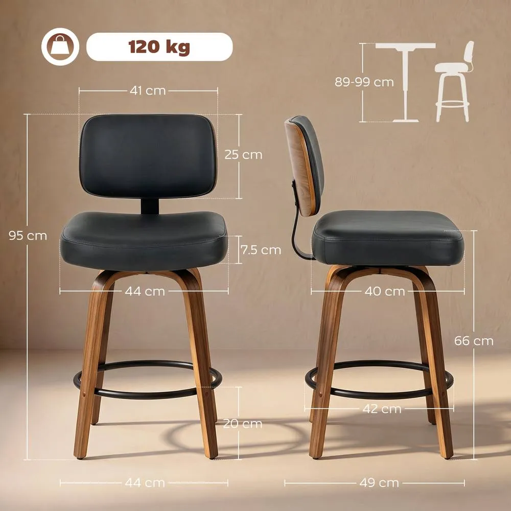HOMCOM Bar Stools Set of 2, 360° Swivel Padded Seat, Curved Wood Legs, Black 3