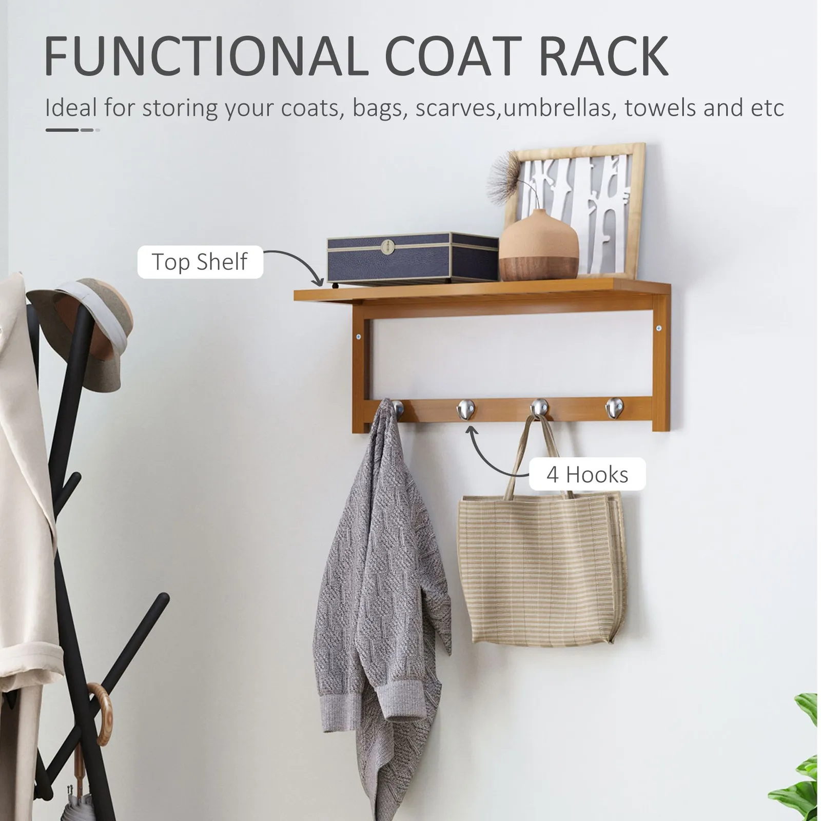 HOMCOM Mounted Shelf Clothes Rack Hanging Coat Hooks Hallway Wall Kitchen in Light Brown 4