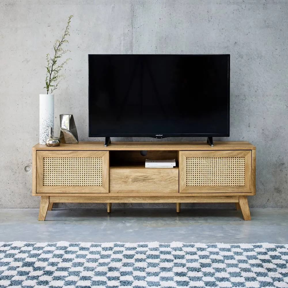 sweeek 150cm Tv Unit Wooden Effect & Cane 2 Sliding Doors in Light Brown 4
