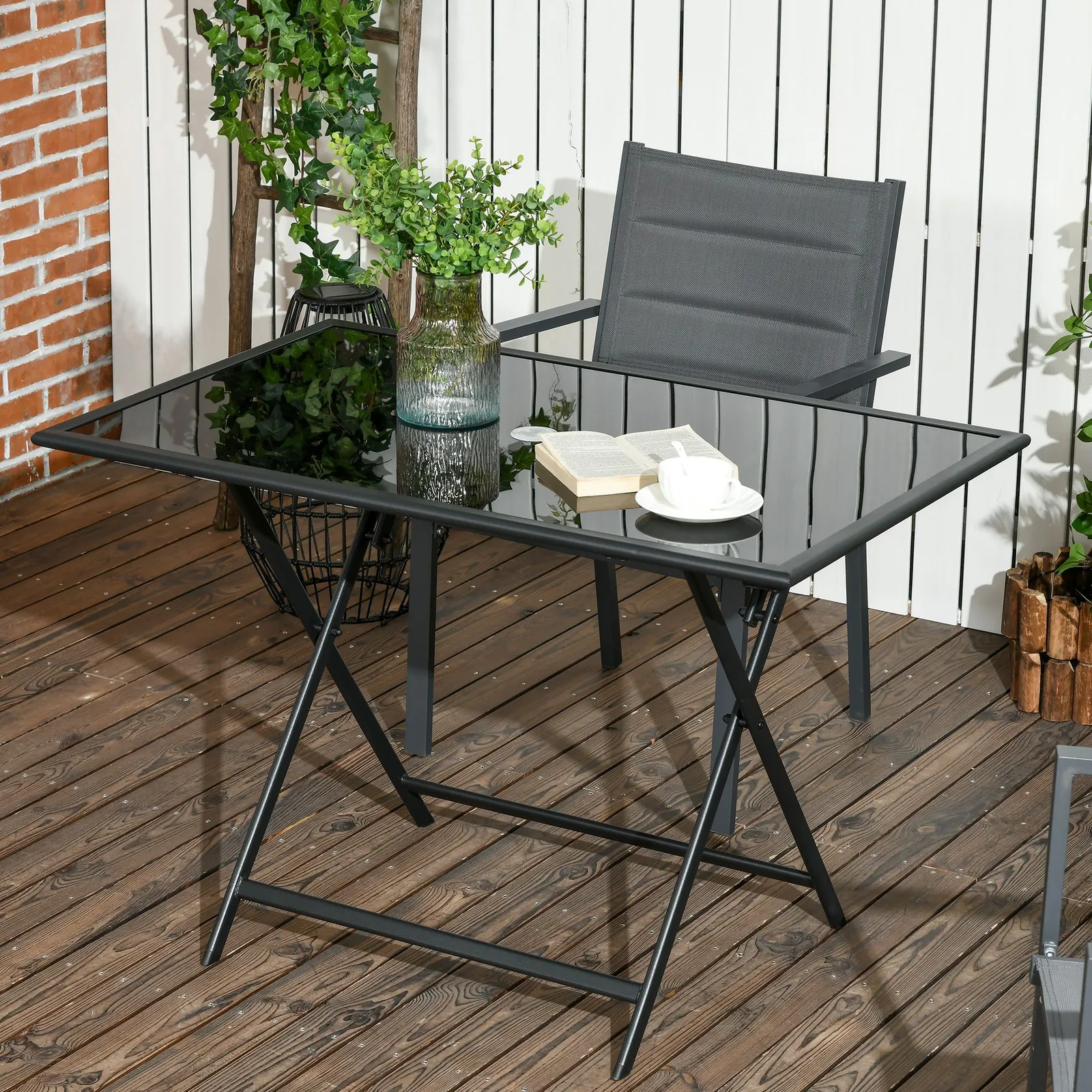 OUTSUNNY Folding Rectangular Garden Dining Table for 6 with Parasol Hole in Black
