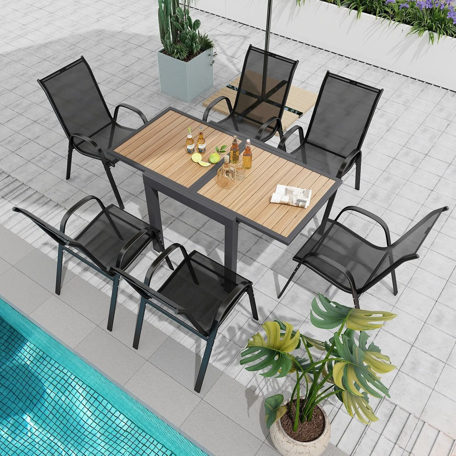 Costway 4-6 People Extendable Patio Dining Table Wood-like Rectangular Aluminum Table in Brown 4