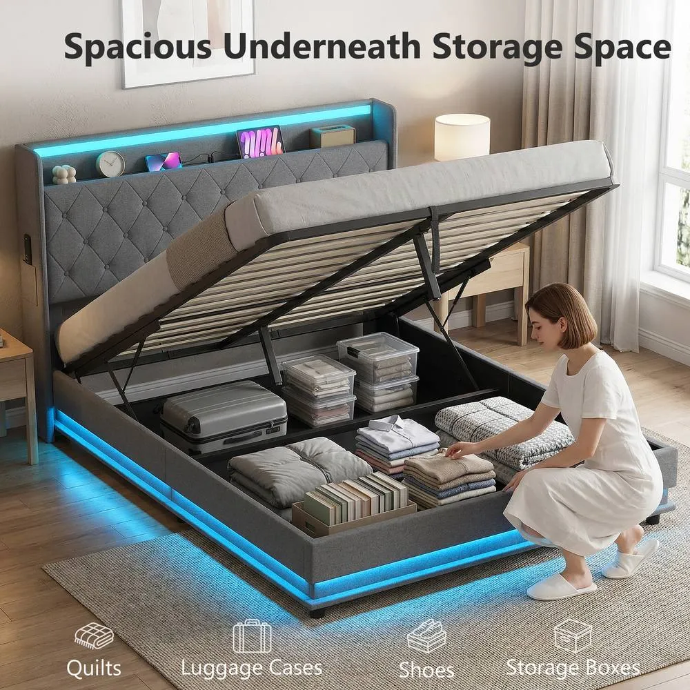 HOMCOM Lift up Storage Bed Frame with RGB LED Lights, 150 x 200cm, Dark Grey 4