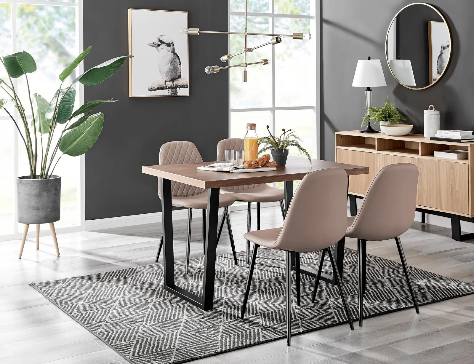 FurnitureboxUK Kylo Brown Wood Effect Dining Table With Black 'U' Legs & 4 Corona Faux Leather Chairs in Beige 1
