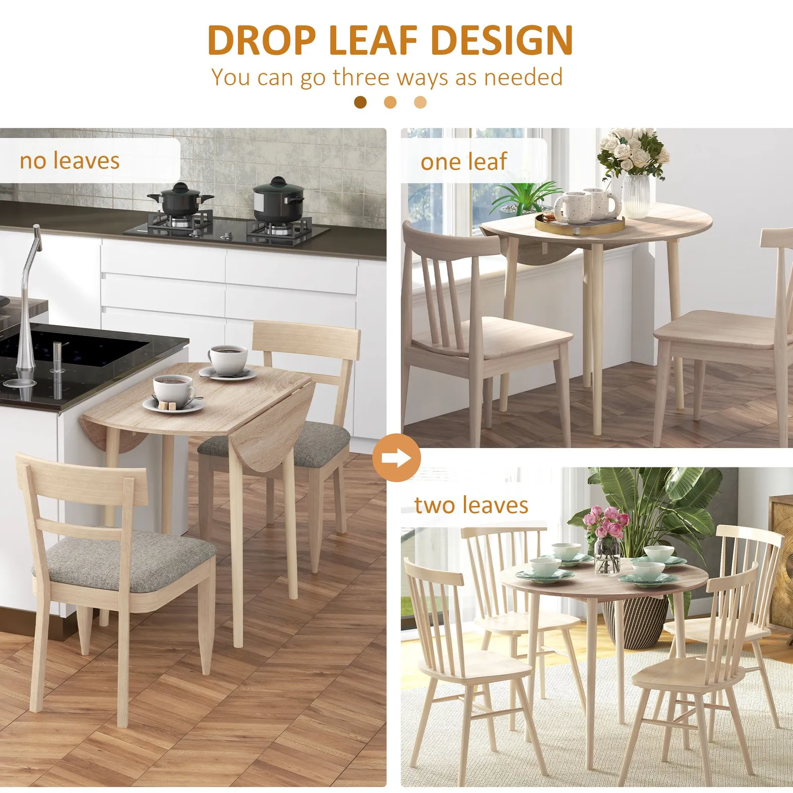 HOMCOM Folding Dining Table for 4, Round Drop Leaf Table, Modern Space Saving Small Kitchen Table with Wood Legs for Dining Room in Natural 4