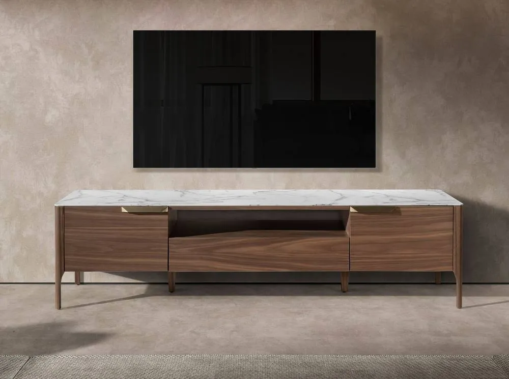 Angel Cerda Walnut TV Stand with Faux Marble Glass Top 180x45x50 in Brown 3