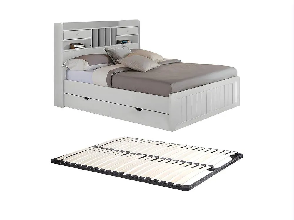 Vente-unique 140 X 190 Cm Bed With Storage - Pine - White + Bed Base - MEDERICK 2