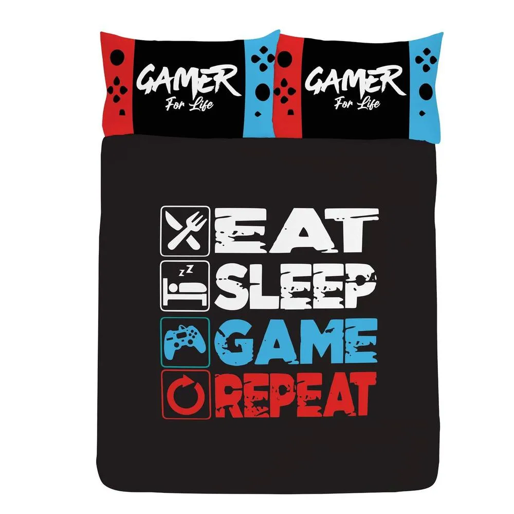 Floso Eat Sleep Game Repeat Reversible Duvet Set in True Black