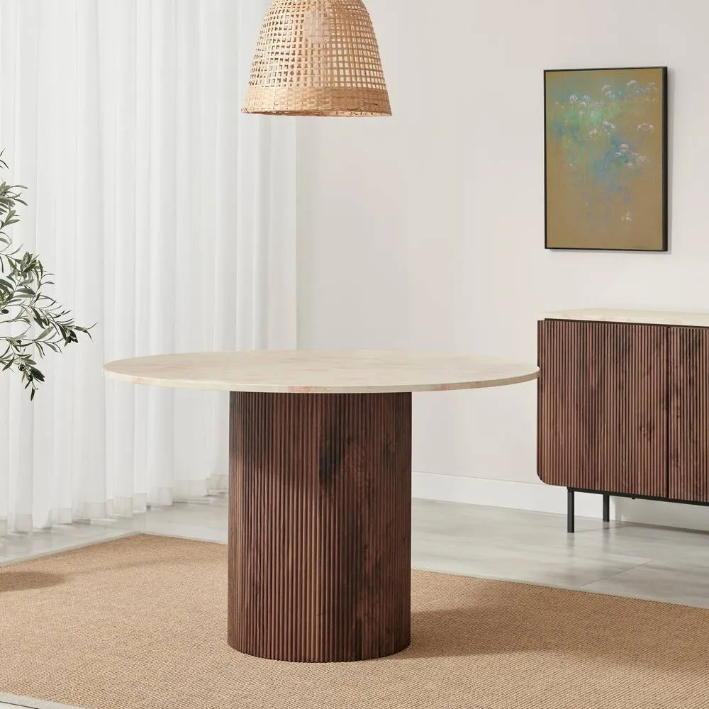 FurnitureboxUK Penrose Round Walnut & Marble Effect Slatted 4-6 Seater Dining Table 4