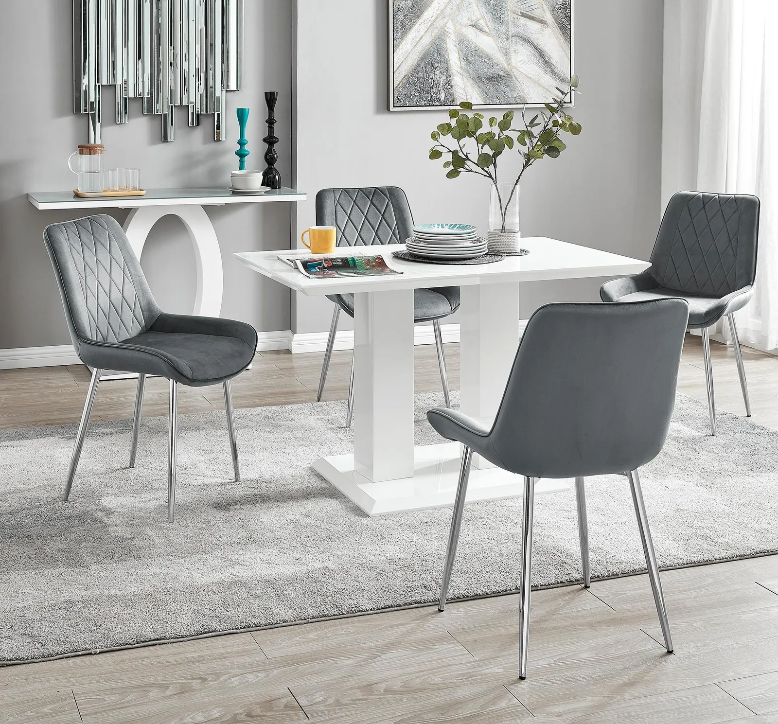 FurnitureboxUK Imperia 4 Seater Modern White High Gloss Rectangular Dining Table & 4 Persaro Velvet Chairs in Grey 1