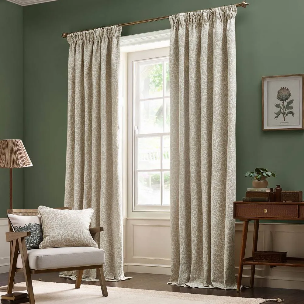 Morris & Co Acorn Tonal Fully Lined Matt Jacquard Pencil Pleat Curtains in Ivory 2