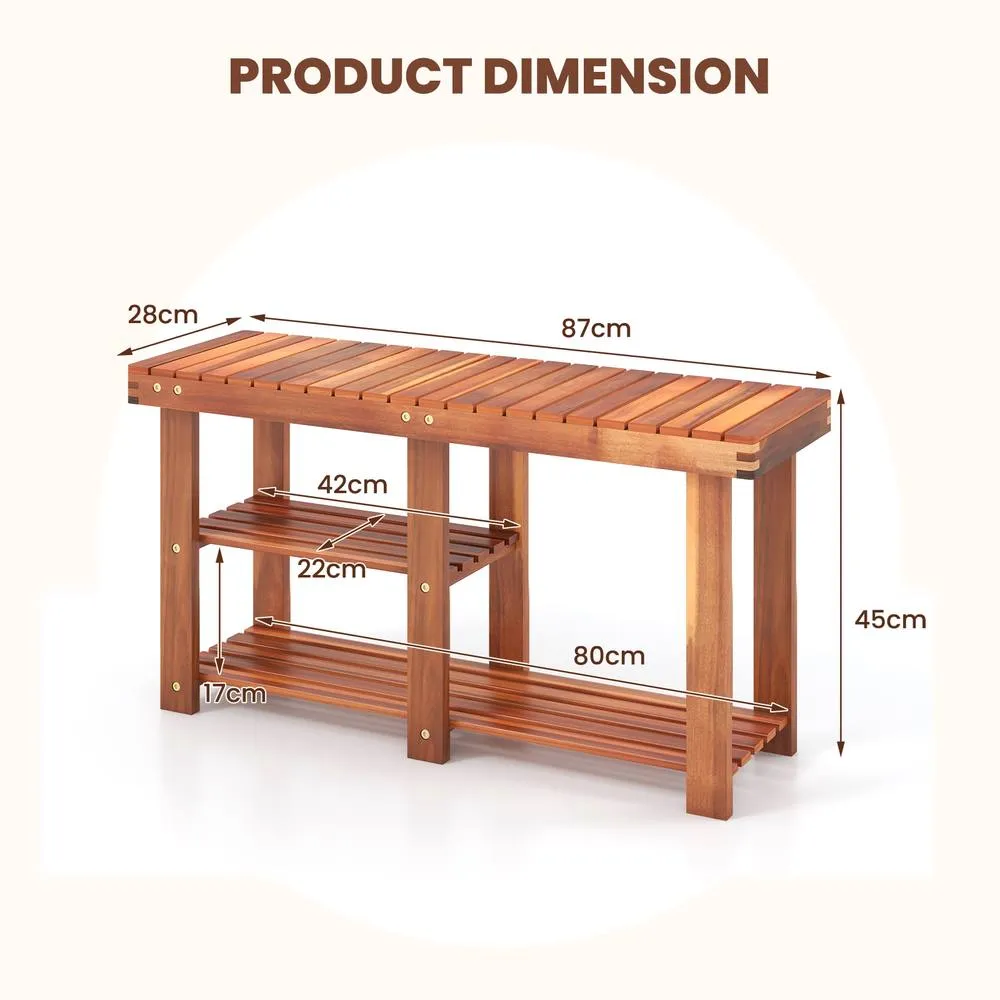 Costway Acacia Wood Shoe Rack Bench 3-Tier Shoe Organizer 87x28x45cm in Brown 2