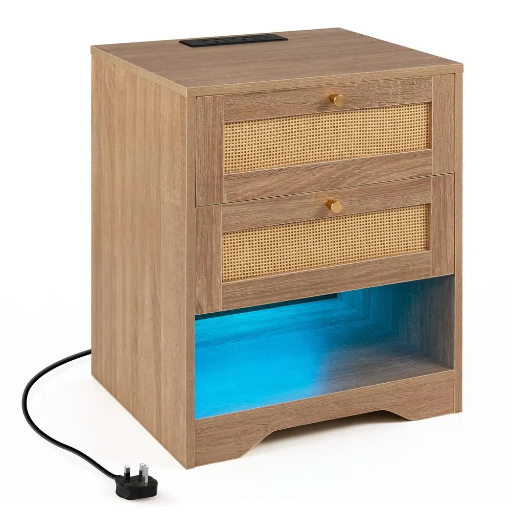 Costway Nightstand with Charging Station LED Light Strip in Khaki 4