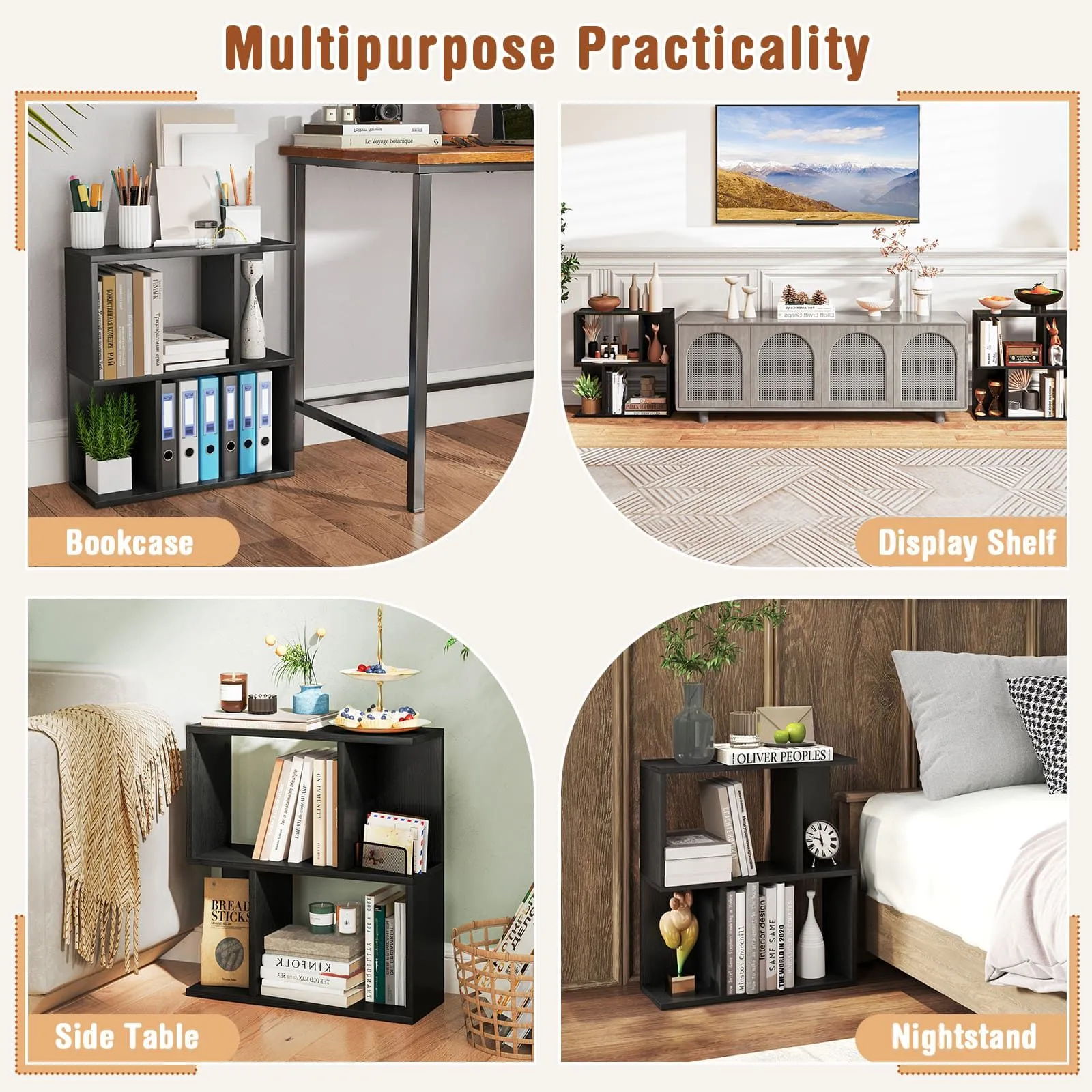 Costway 3-Tier Bookshelf Display Shelf Home Office Freestanding Side Table Black 6