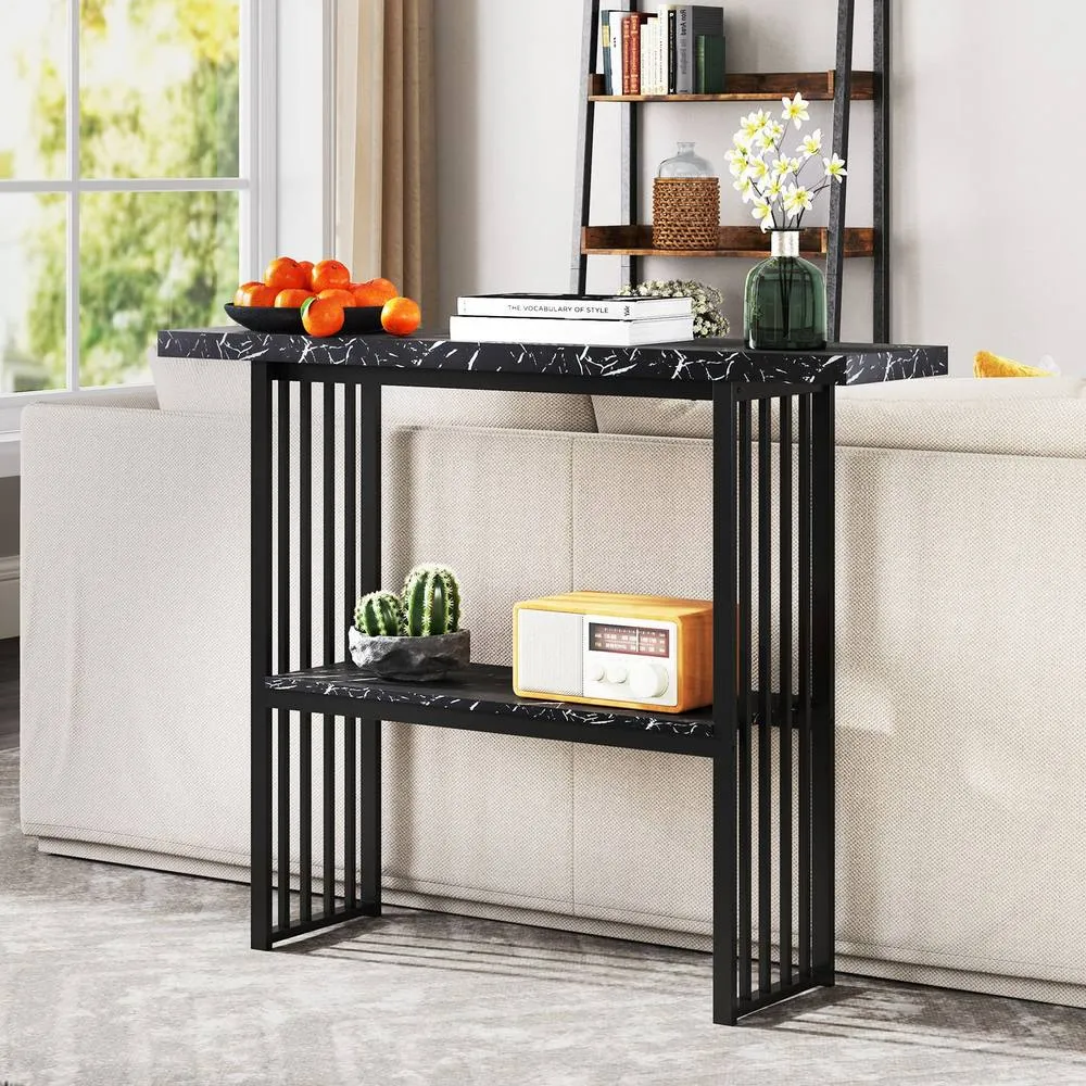 Costway 2-tier Console Table Sofa Table Modern Entryway Table-Black in Black 4