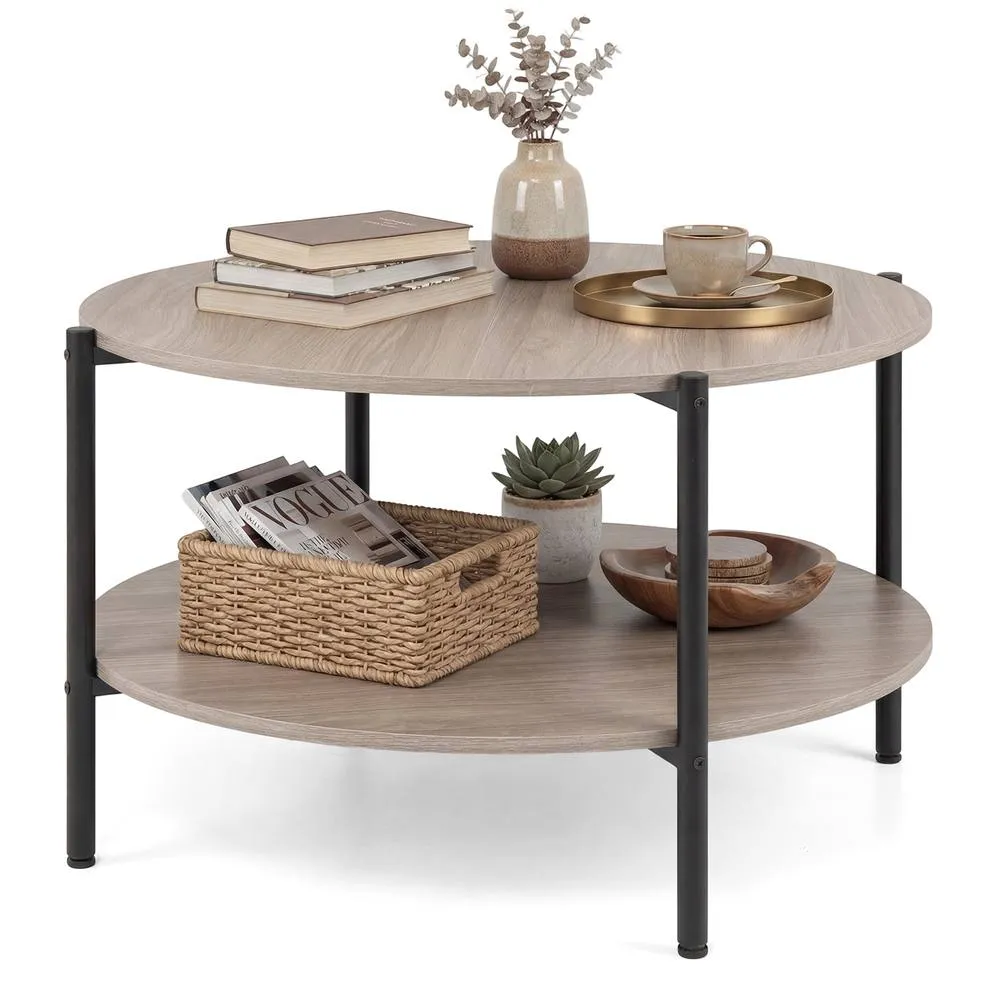 Costway 2-Tier Round Coffee Table Industrial Cocktail Table w/Storage Shelf in Grey 2