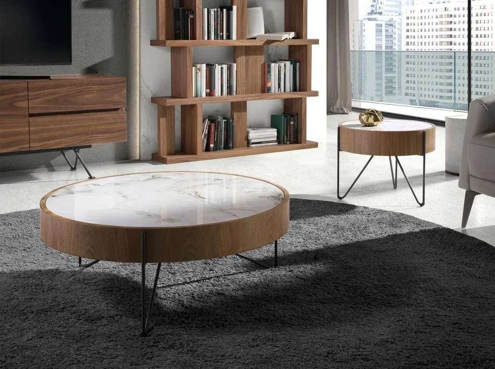 Angel Cerda Round Coffee Table Porcelain Marble Top & Walnut in Warm White 3