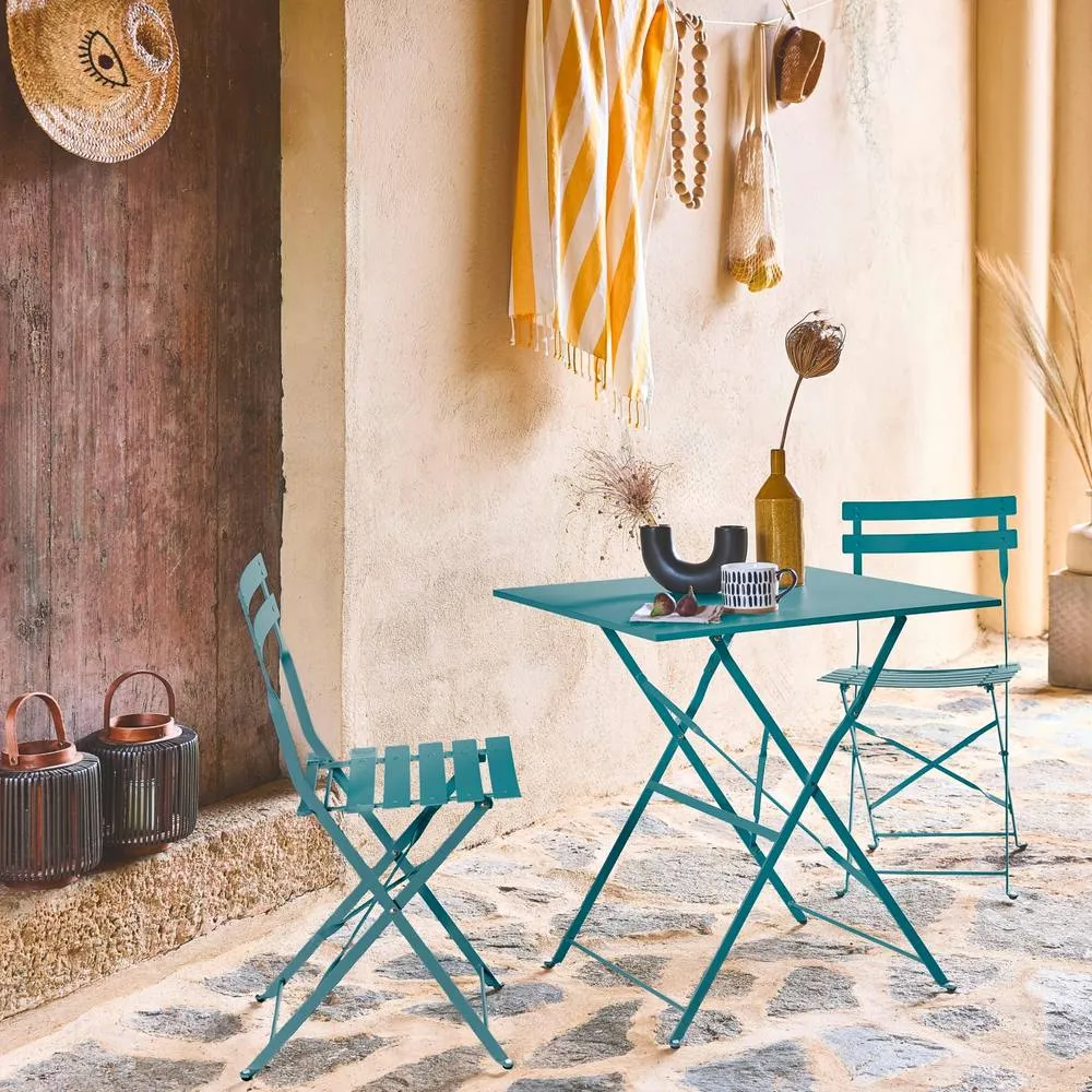 sweeek Square 2-seater folding metal bistro garden table with 2 chairs in Teal